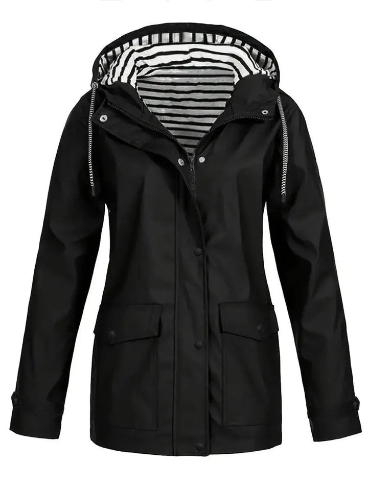 Women's Hooded Waterproof Striped-Lined Zip-Up Rain Coat