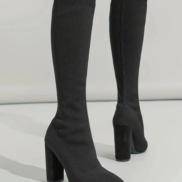Women's Knitted Block Heel Knee-High Sock Boots