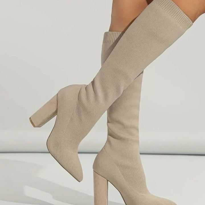 Women's Knitted Block Heel Knee-High Sock Boots