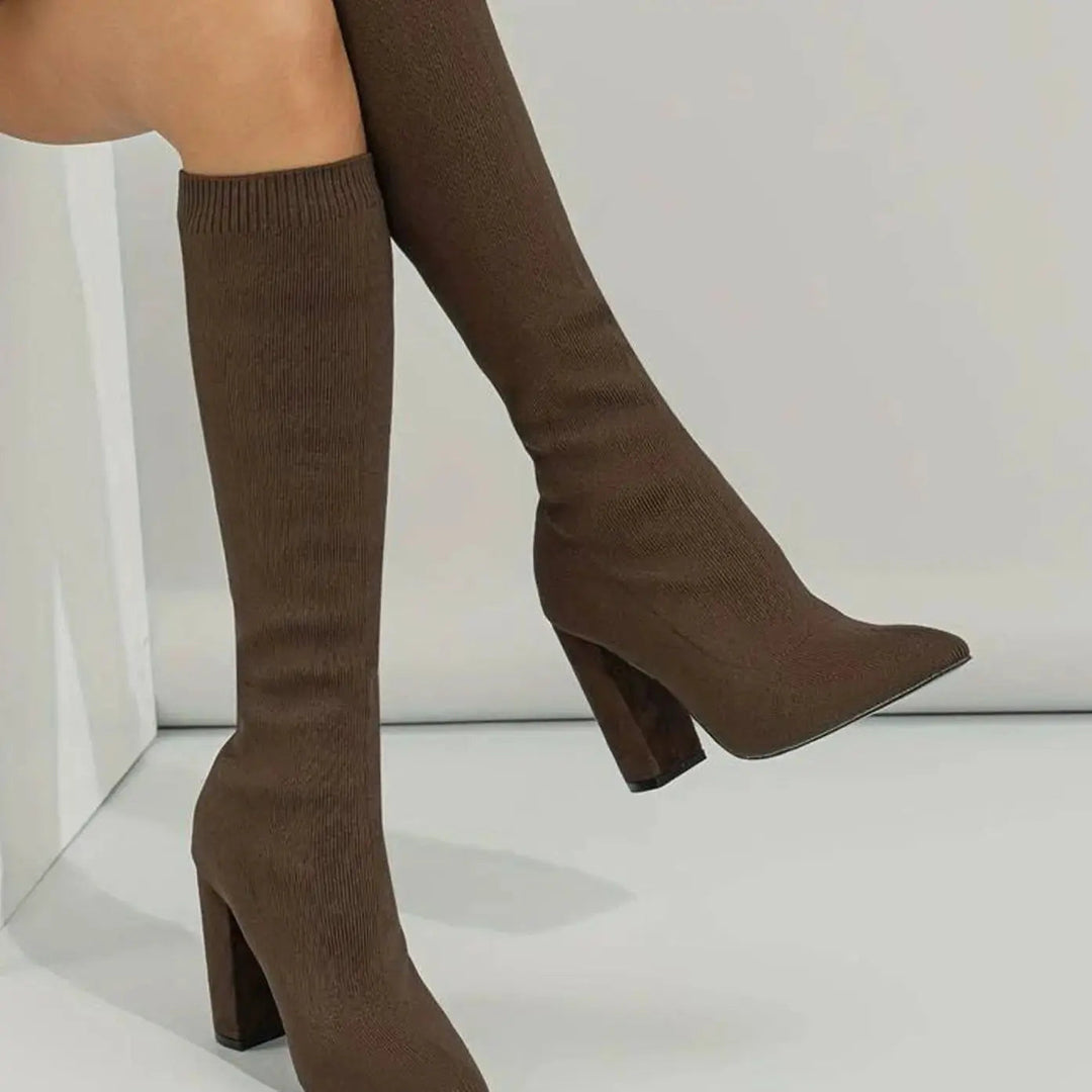 Women's Knitted Block Heel Knee-High Sock Boots