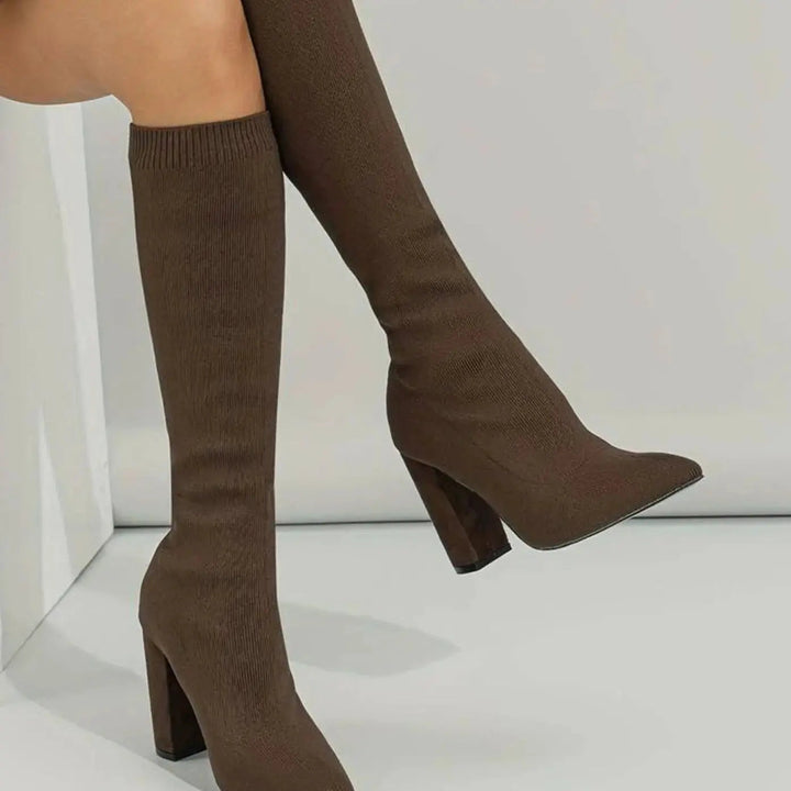 Women's Knitted Block Heel Knee-High Sock Boots