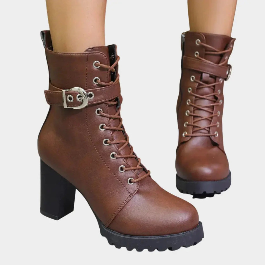 Women's Lace-Up Block Heel Buckle Strap Ankle Boots