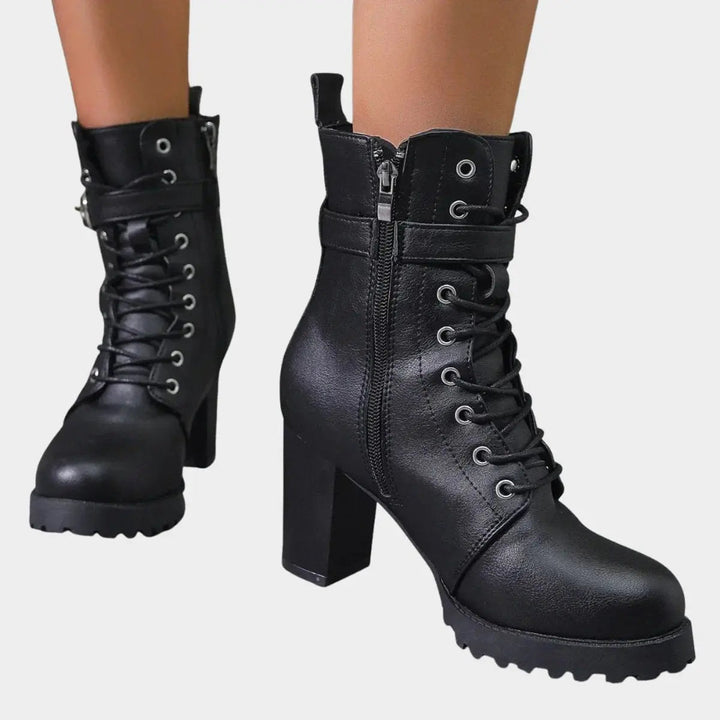 Women's Lace-Up Block Heel Buckle Strap Ankle Boots