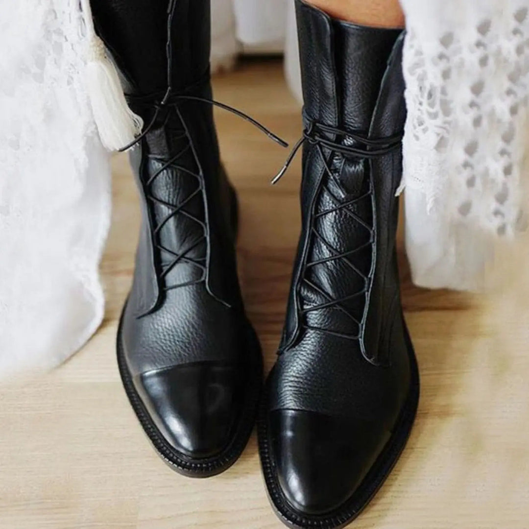 Women's Lace-Up Leather Ankle Boots Cap Toe Flat