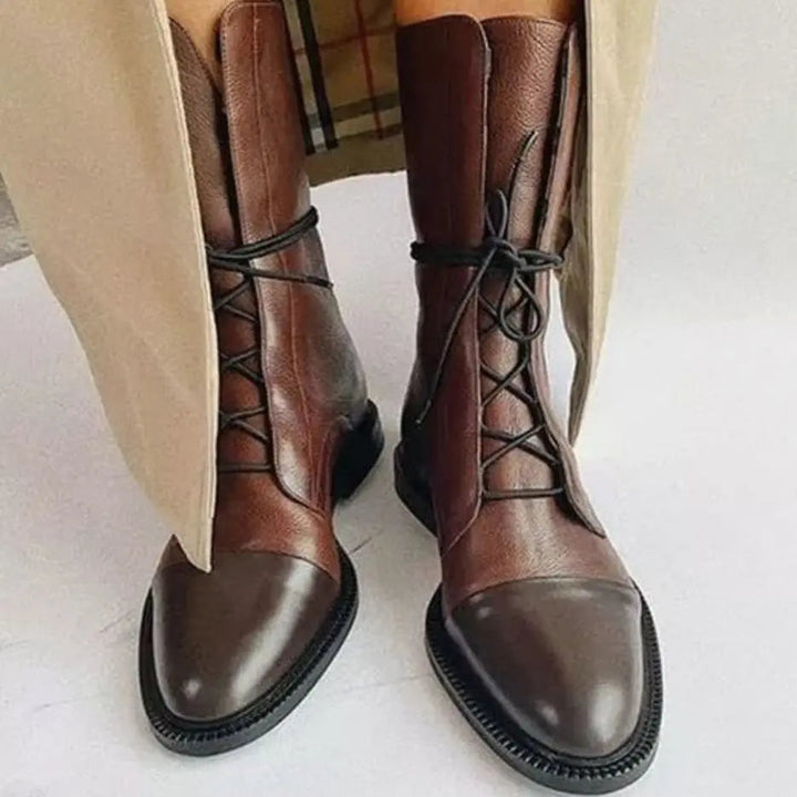 Women's Lace-Up Leather Ankle Boots Cap Toe Flat