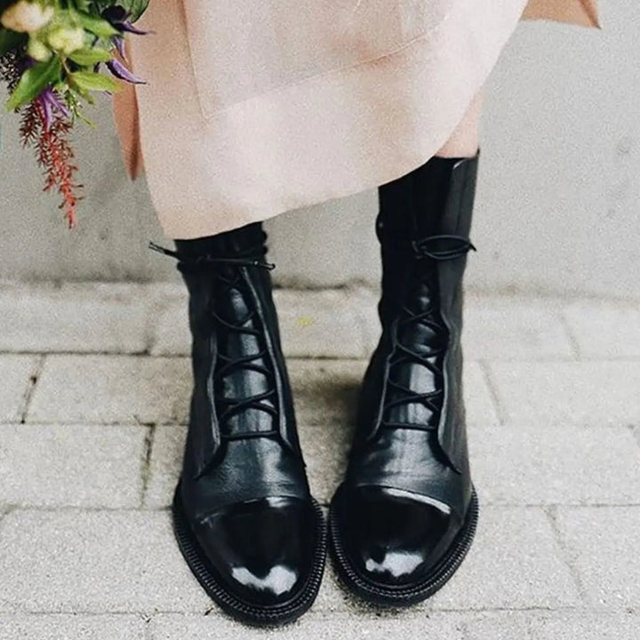 Women's Lace-Up Leather Ankle Boots Cap Toe Flat
