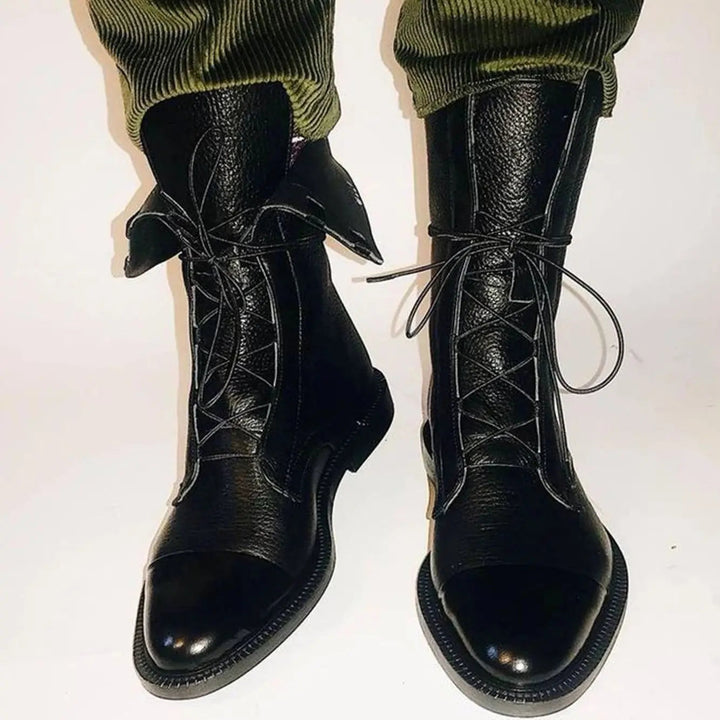 Women's Lace-Up Leather Ankle Boots Cap Toe Flat