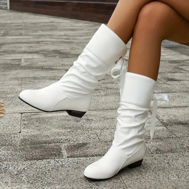 Women's Lace-Up Ruched Faux Leather Mid-Calf Ankle Boots