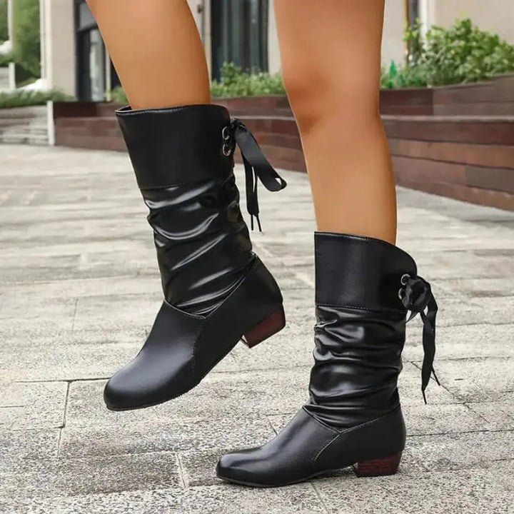 Women's Lace-Up Ruched Faux Leather Mid-Calf Ankle Boots
