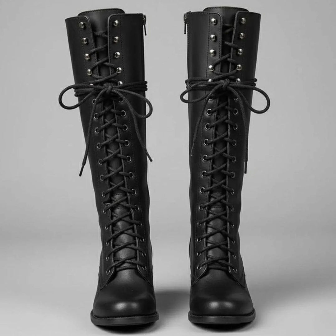 Women's Lace-Up Studded Knee-High Boots Block Heel