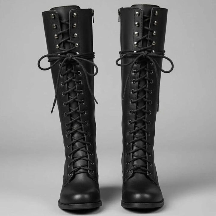 Women's Lace-Up Studded Knee-High Boots Block Heel