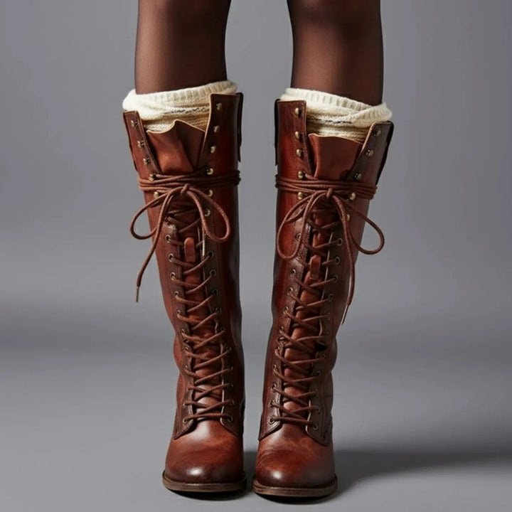 Women's Lace-Up Studded Knee-High Boots Block Heel