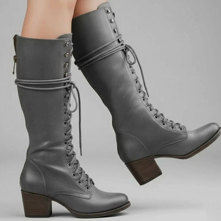 Women's Lace-Up Studded Knee-High Boots Block Heel