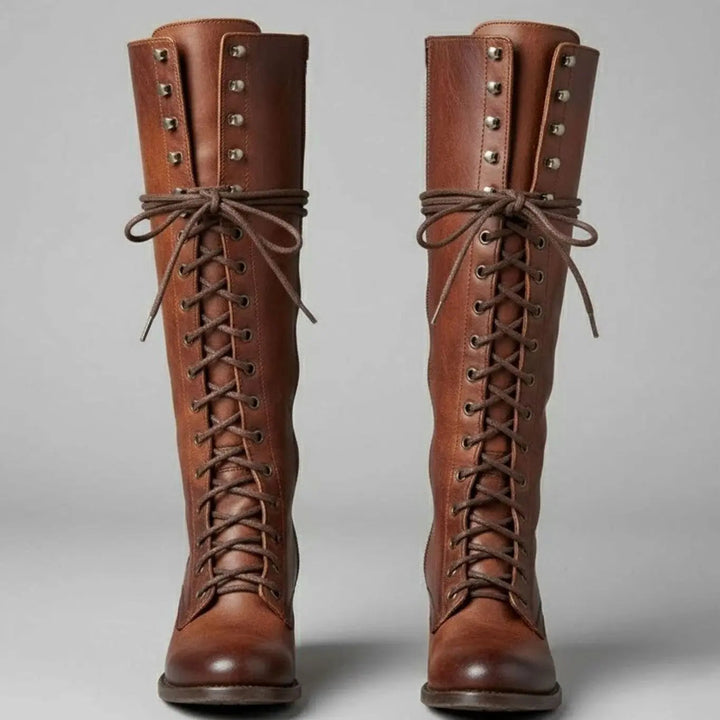 Women's Lace-Up Studded Knee-High Boots Block Heel