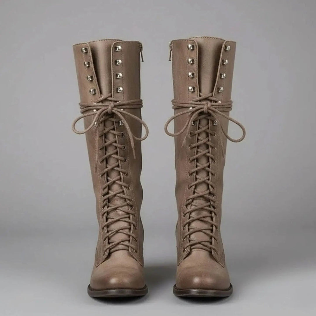 Women's Lace-Up Studded Knee-High Boots Block Heel