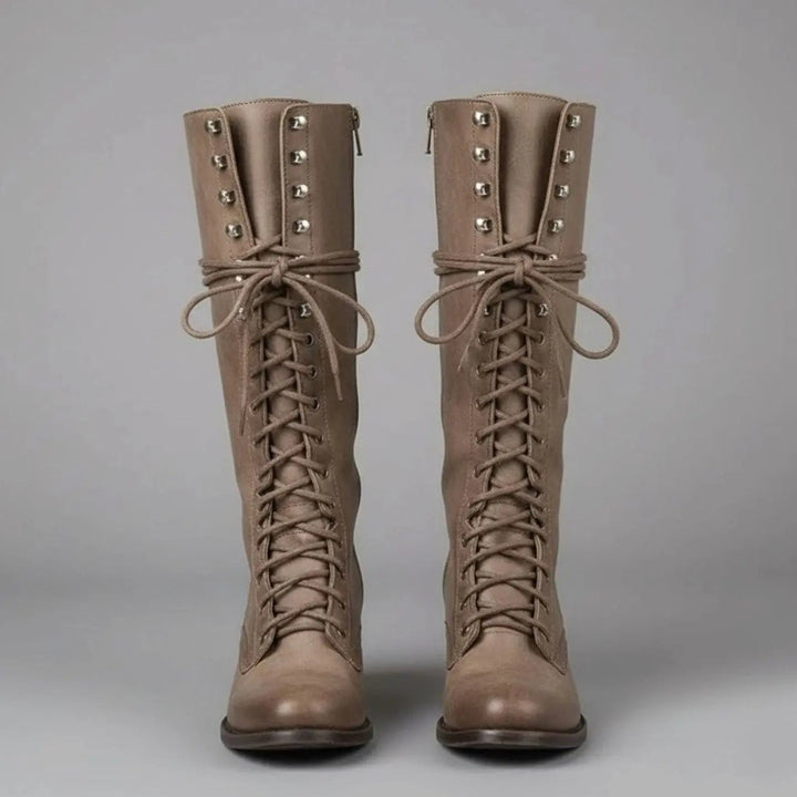 Women's Lace-Up Studded Knee-High Boots Block Heel