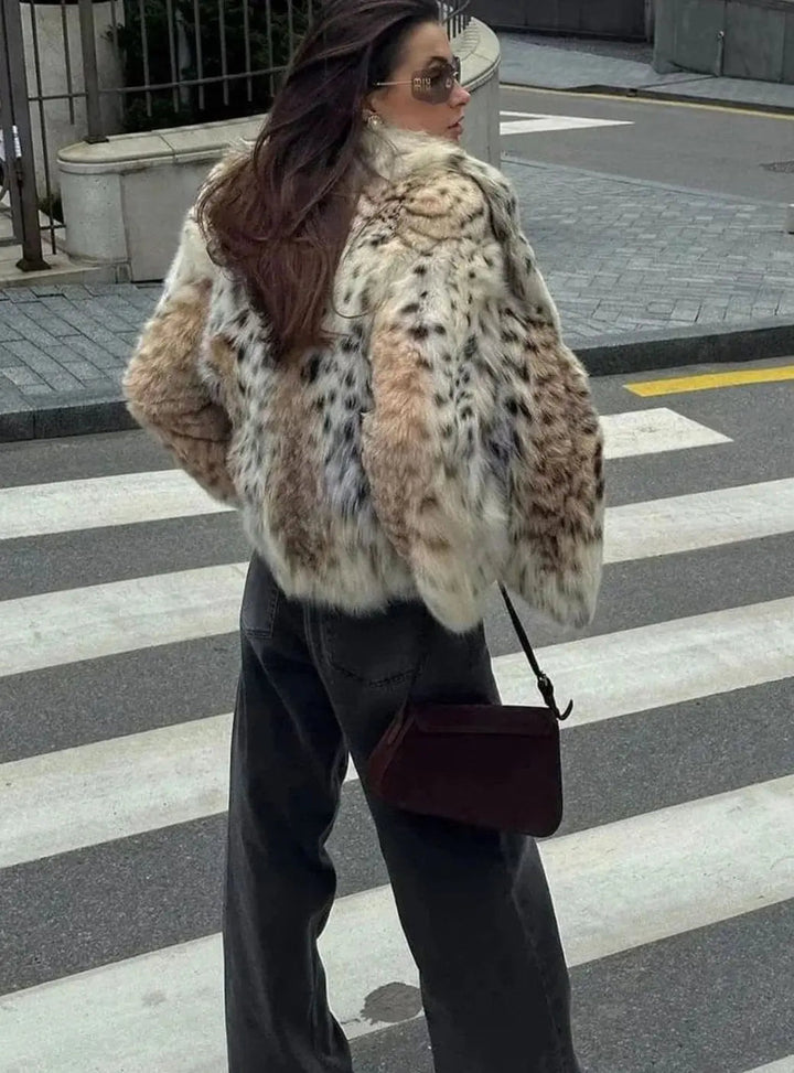 Women's Leopard Print Faux Fur Coat for Ladies