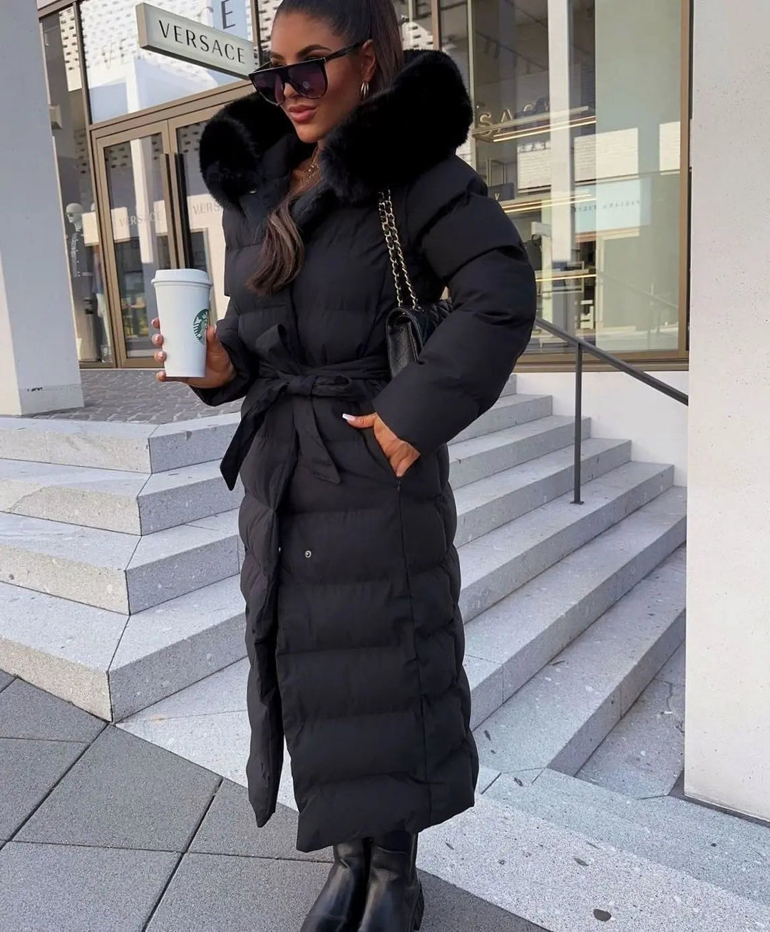 Women's Long Belted Fur Hood Puffer Coat