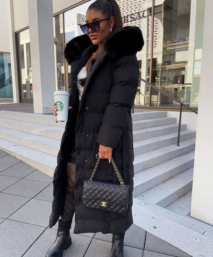 Women's Long Belted Fur Hood Puffer Coat