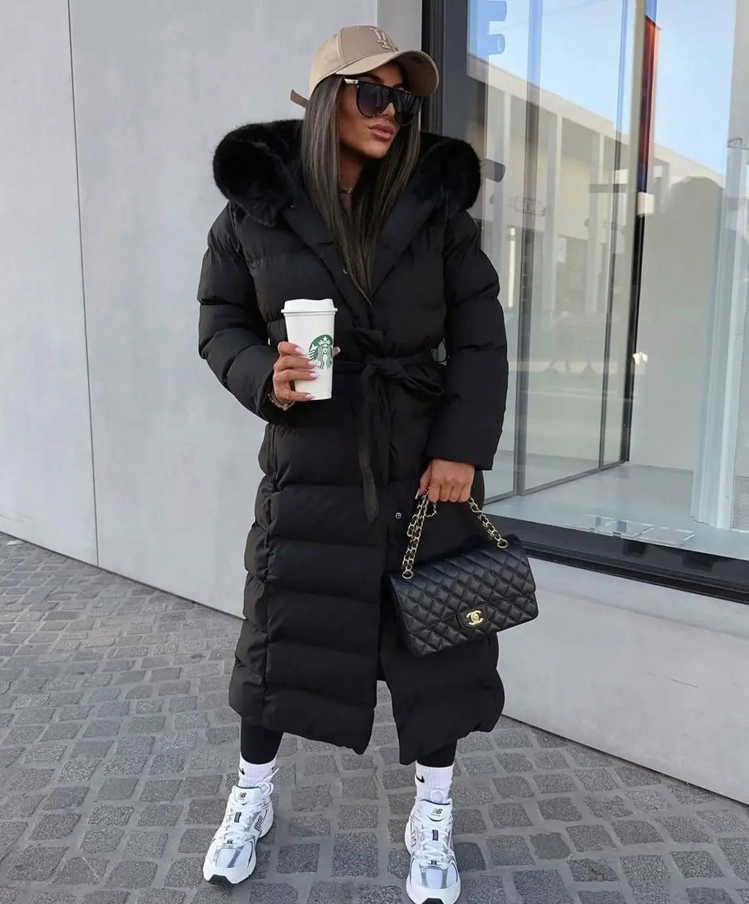 Women's Long Belted Fur Hood Puffer Coat