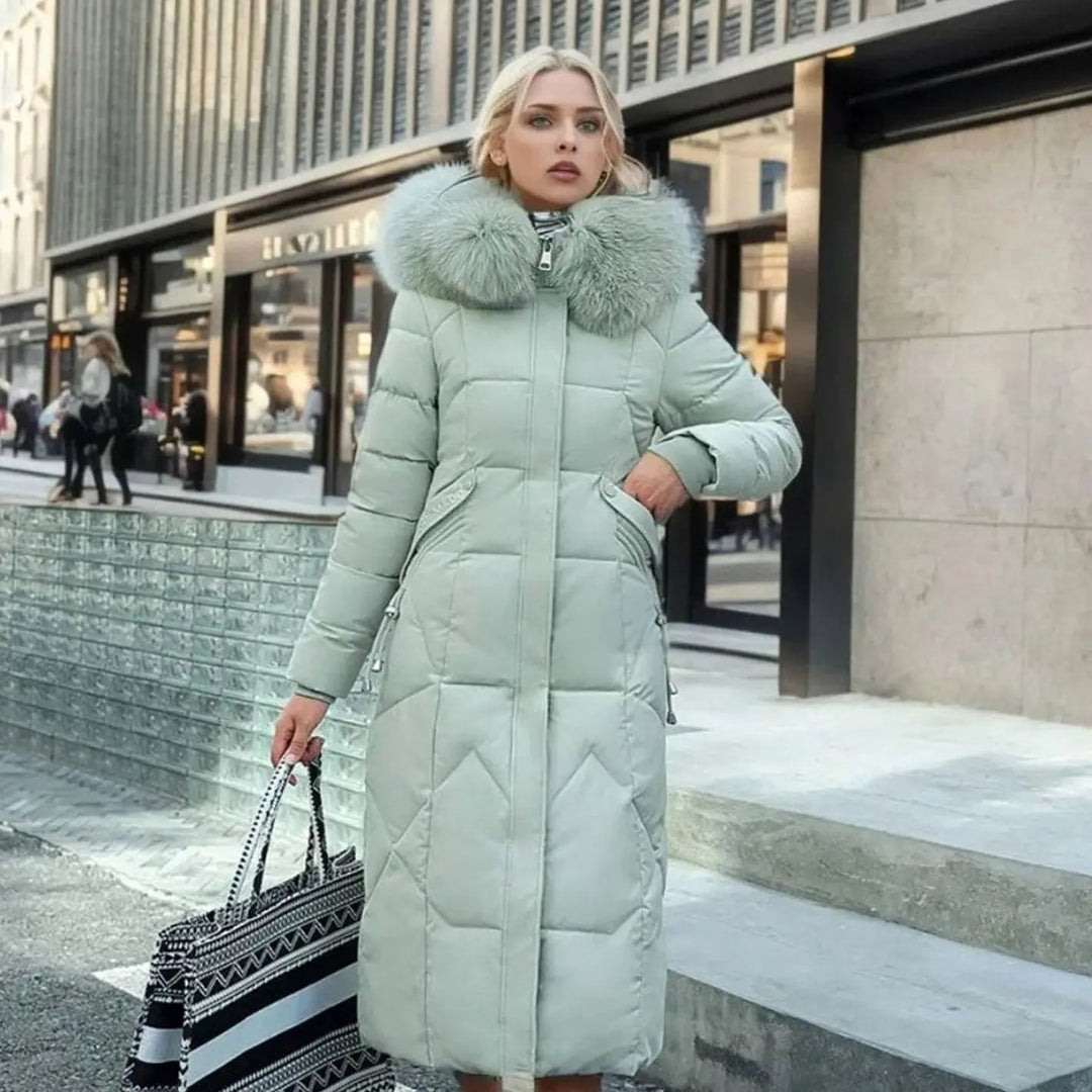 Women's Long Hooded Faux Fur Trim Quilted Coat