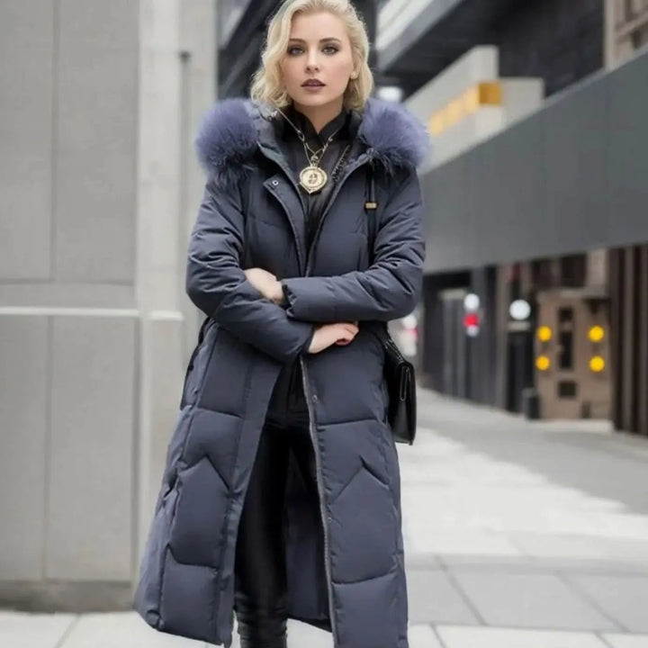 Women's Long Hooded Faux Fur Trim Quilted Coat