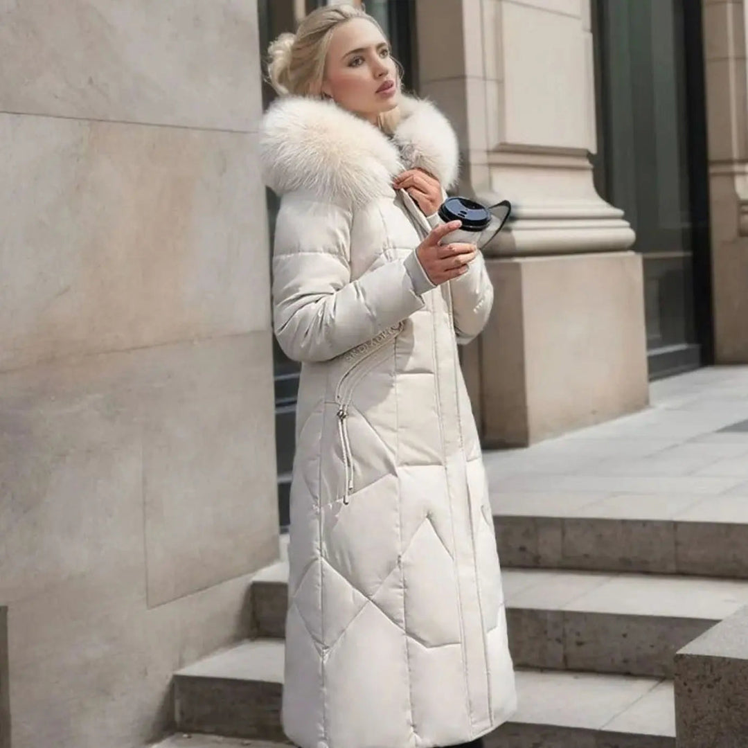 Women's Long Hooded Faux Fur Trim Quilted Coat