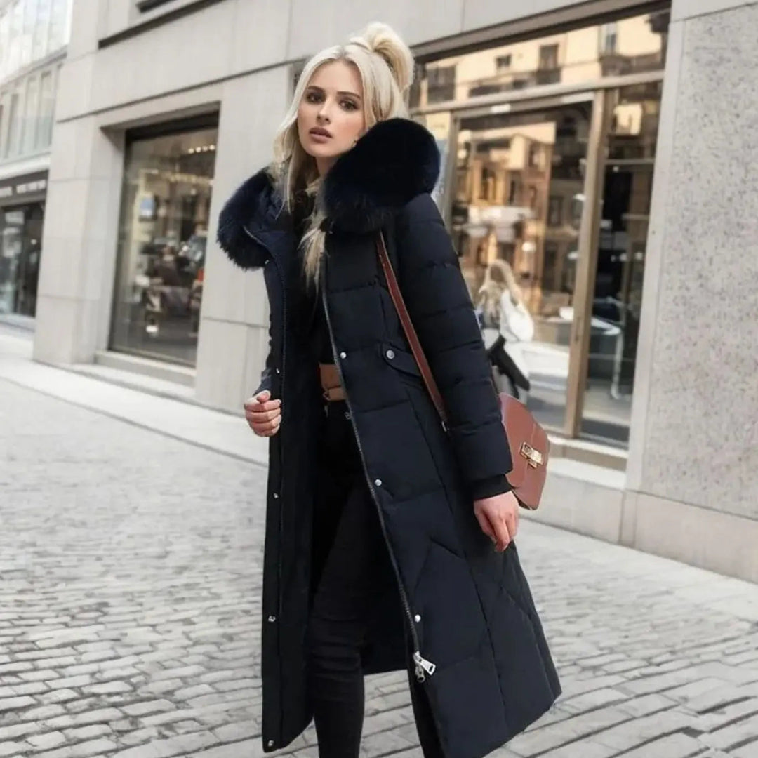 Women's Long Hooded Faux Fur Trim Quilted Coat