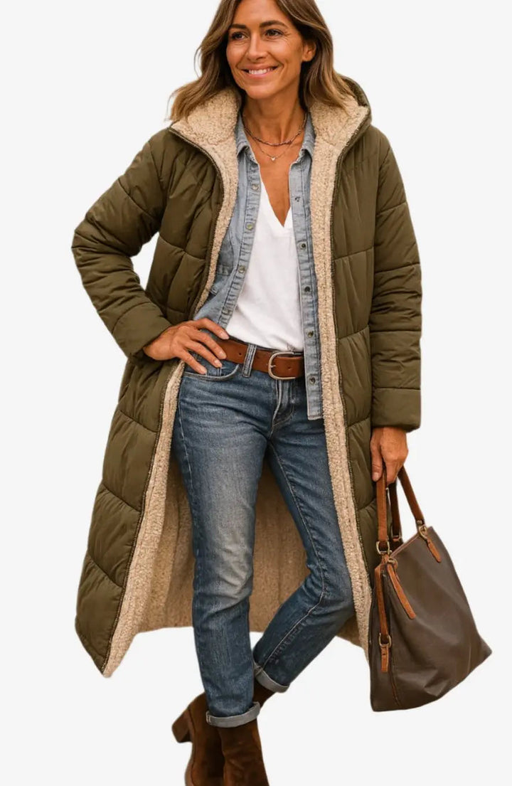 Women's Long Hooded Quilted Fleece-Lined Winter Coat
