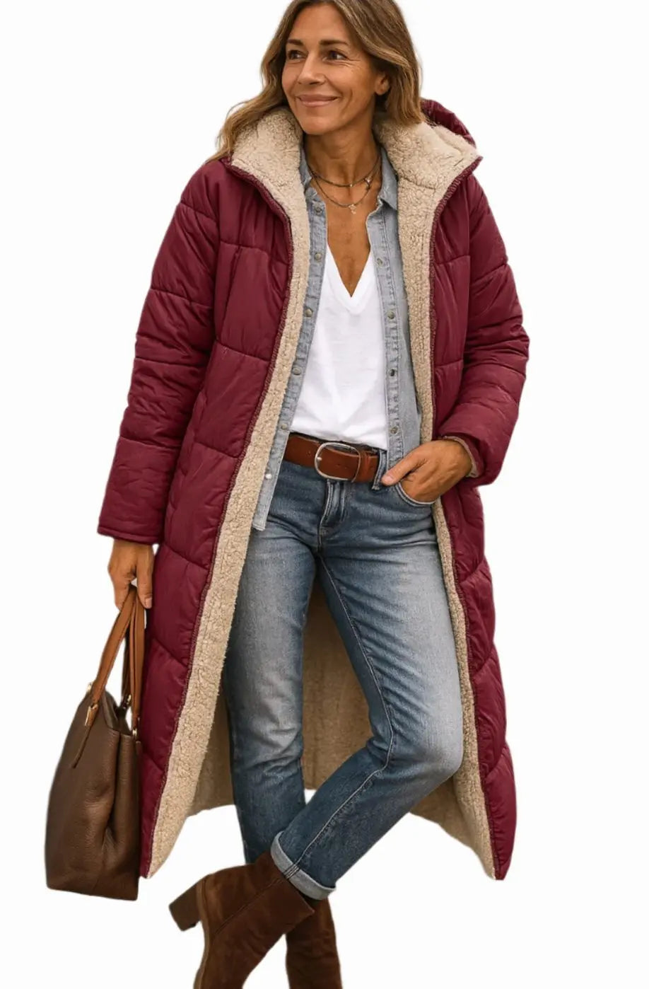Women's Long Hooded Quilted Fleece-Lined Winter Coat