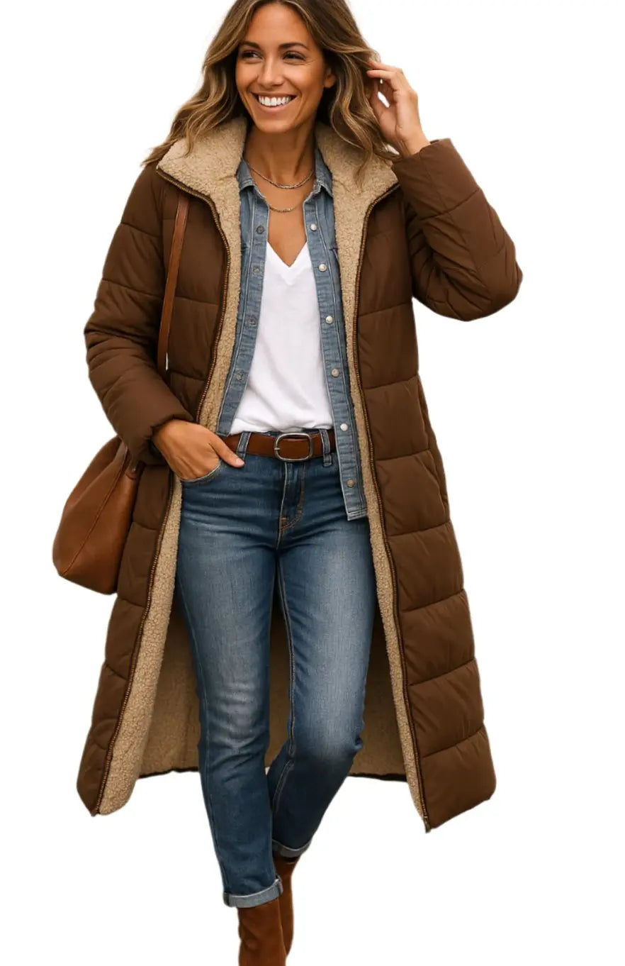 Women's Long Hooded Quilted Fleece-Lined Winter Coat