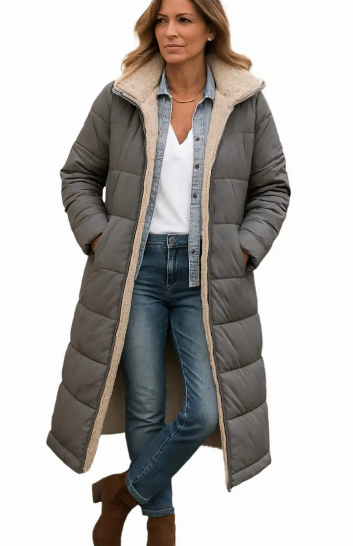 Women's Long Hooded Quilted Fleece-Lined Winter Coat