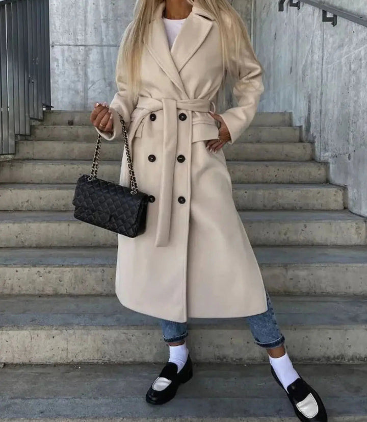 Women's Long Lapel Button Front Coat Classic Double-Breasted Overcoat