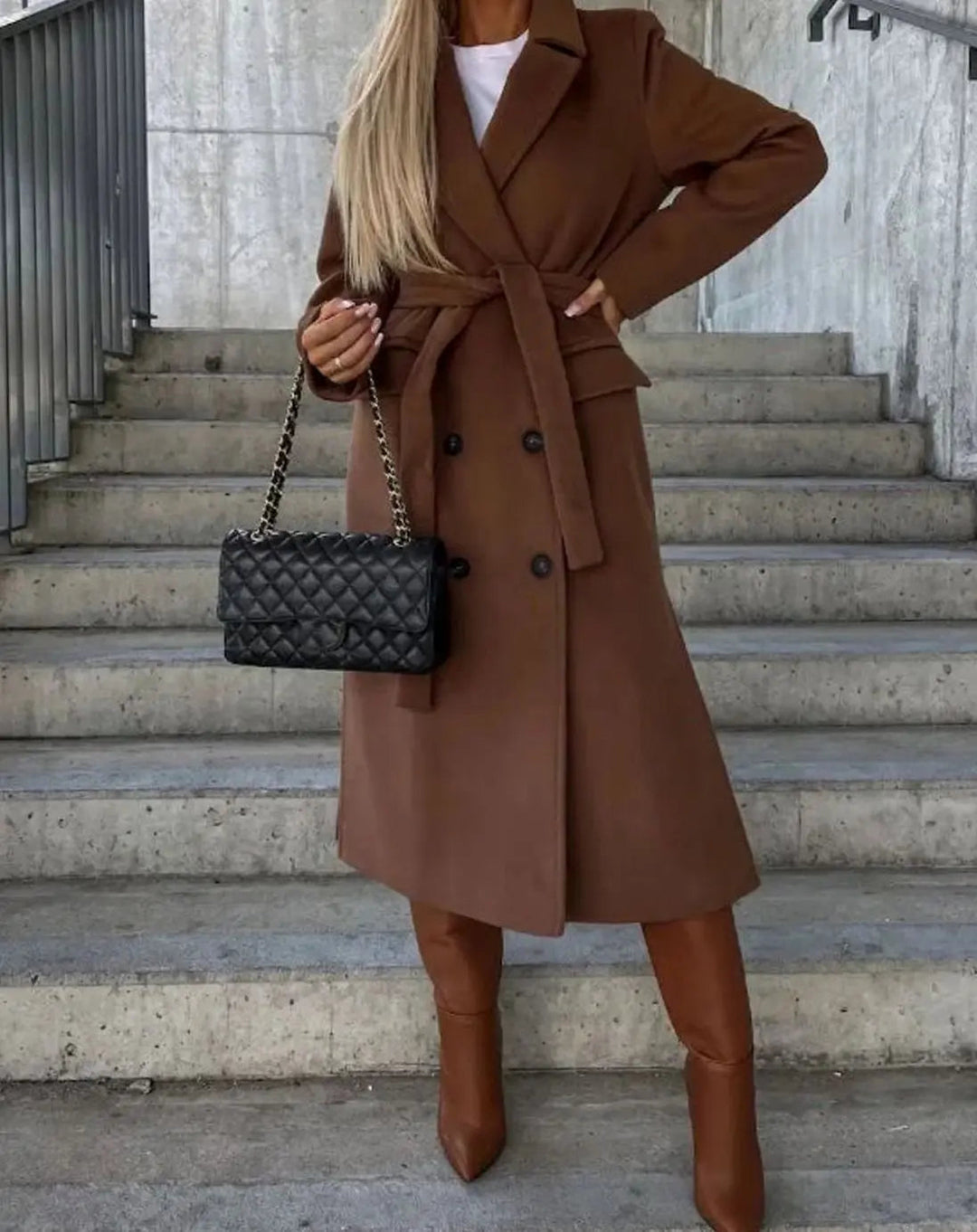 Women's Long Lapel Button Front Coat Classic Double-Breasted Overcoat
