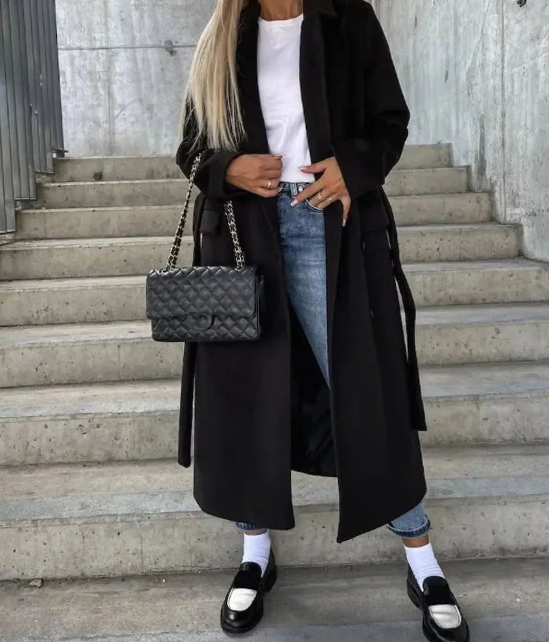 Women's Long Lapel Button Front Coat Classic Double-Breasted Overcoat