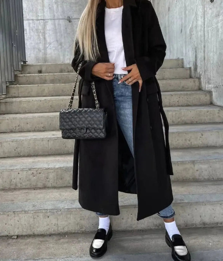 Women's Long Lapel Button Front Coat Classic Double-Breasted Overcoat