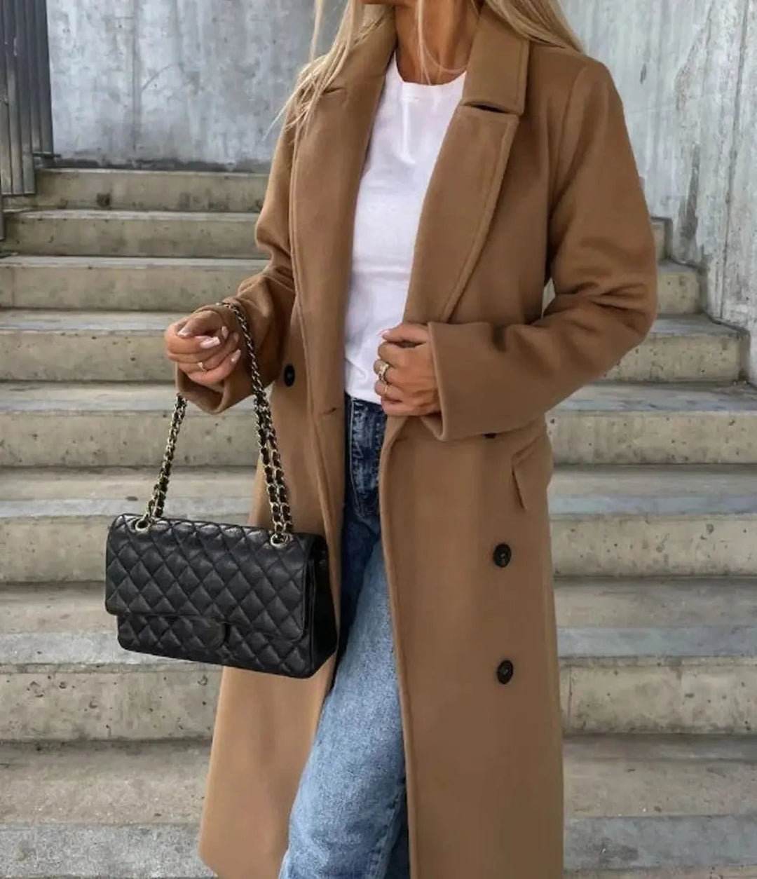 Women's Long Lapel Button Front Coat Classic Double-Breasted Overcoat