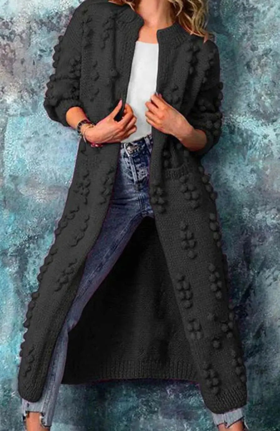 Women's Long Pom-Detail Open-Front Knitted Cardigan