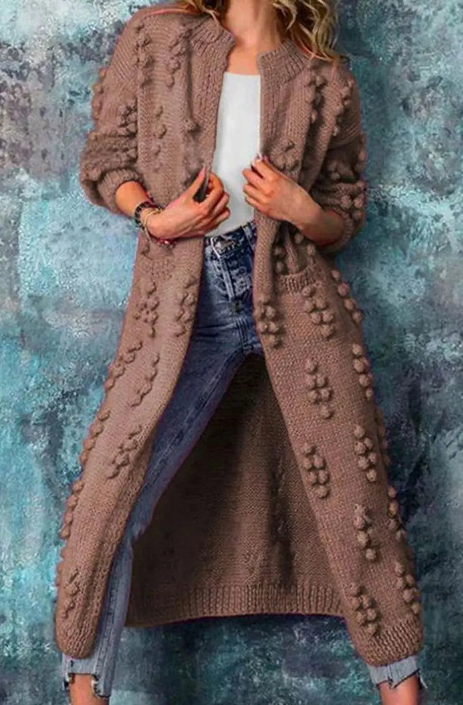 Women's Long Pom-Detail Open-Front Knitted Cardigan