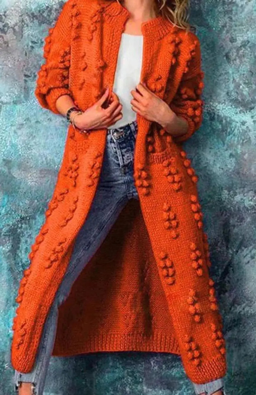Women's Long Pom-Detail Open-Front Knitted Cardigan