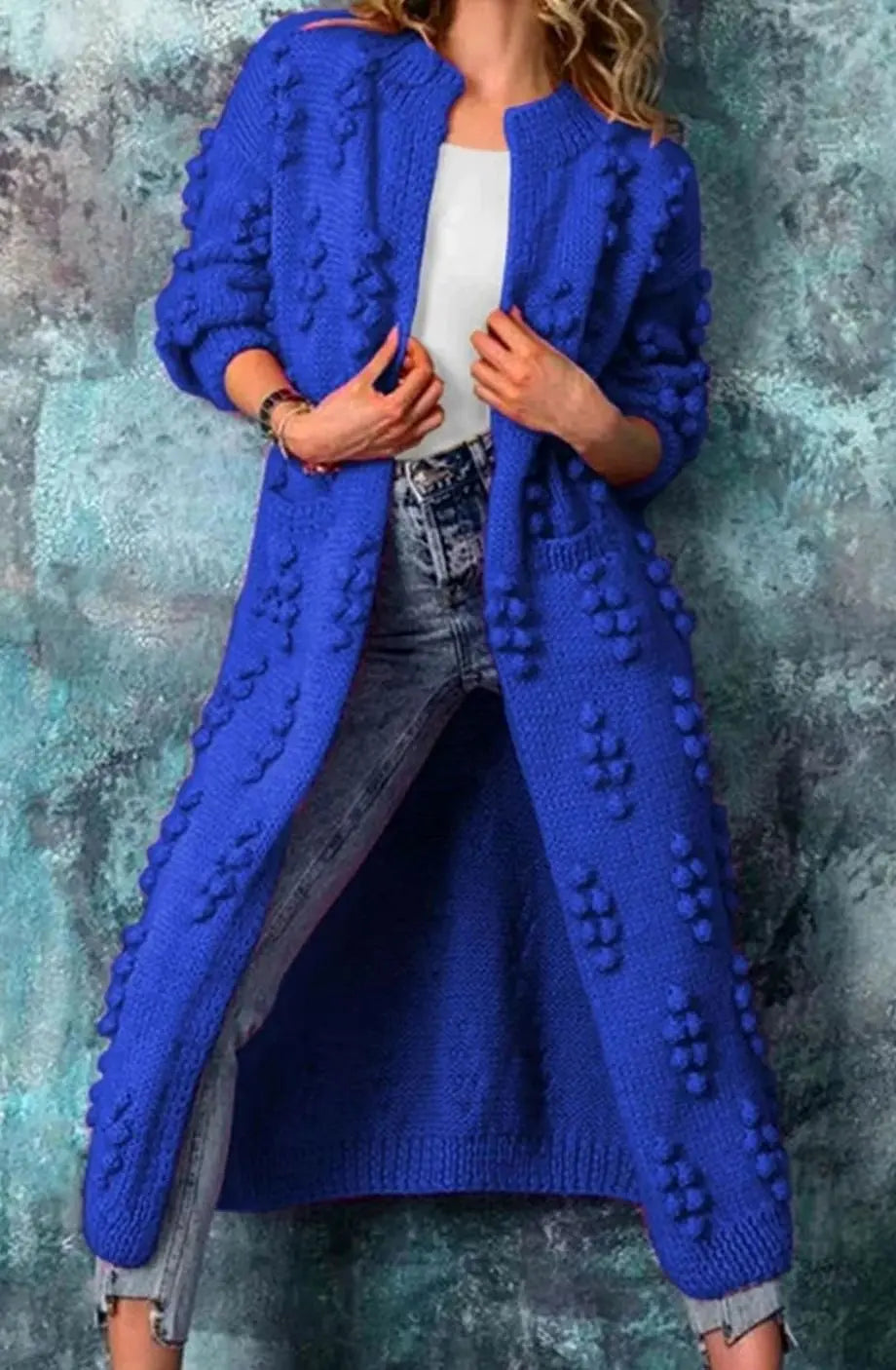 Women's Long Pom-Detail Open-Front Knitted Cardigan