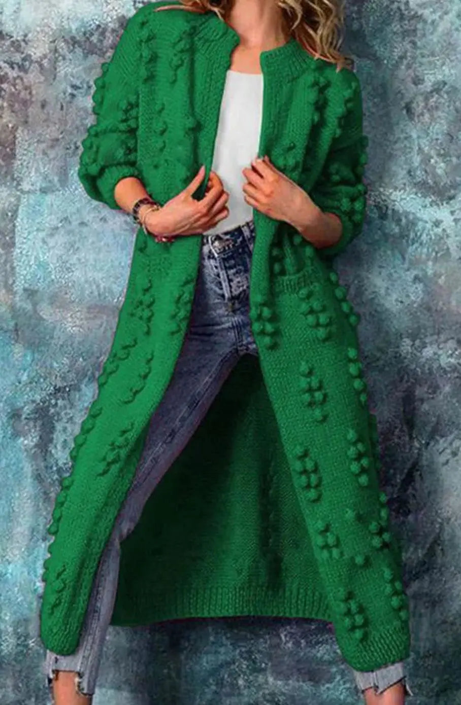 Women's Long Pom-Detail Open-Front Knitted Cardigan