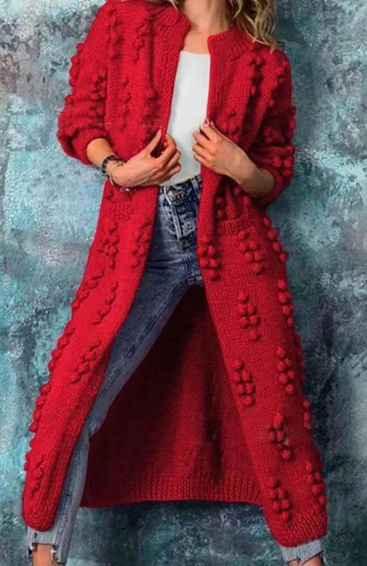 Women's Long Pom-Detail Open-Front Knitted Cardigan