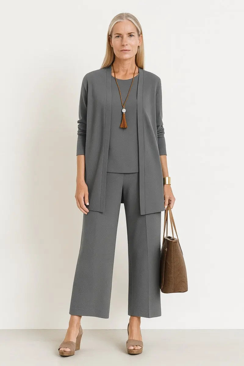 Women's Longline Open-Front Cardigan Wide-Leg Trouser 3-Piece Set