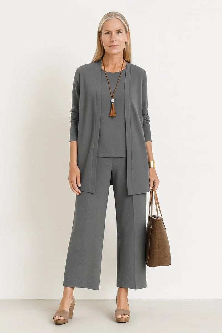 Women's Longline Open-Front Cardigan Wide-Leg Trouser 3-Piece Set