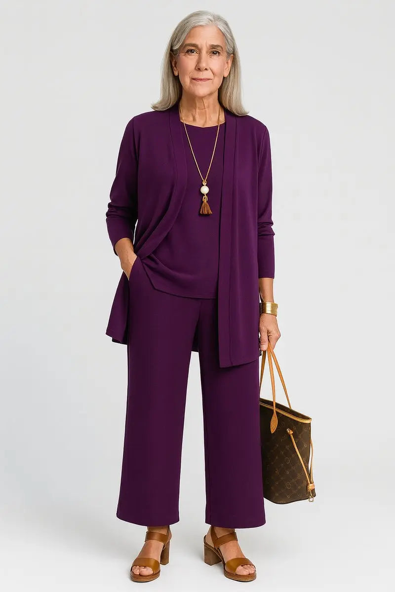 Women's Longline Open-Front Cardigan Wide-Leg Trouser 3-Piece Set