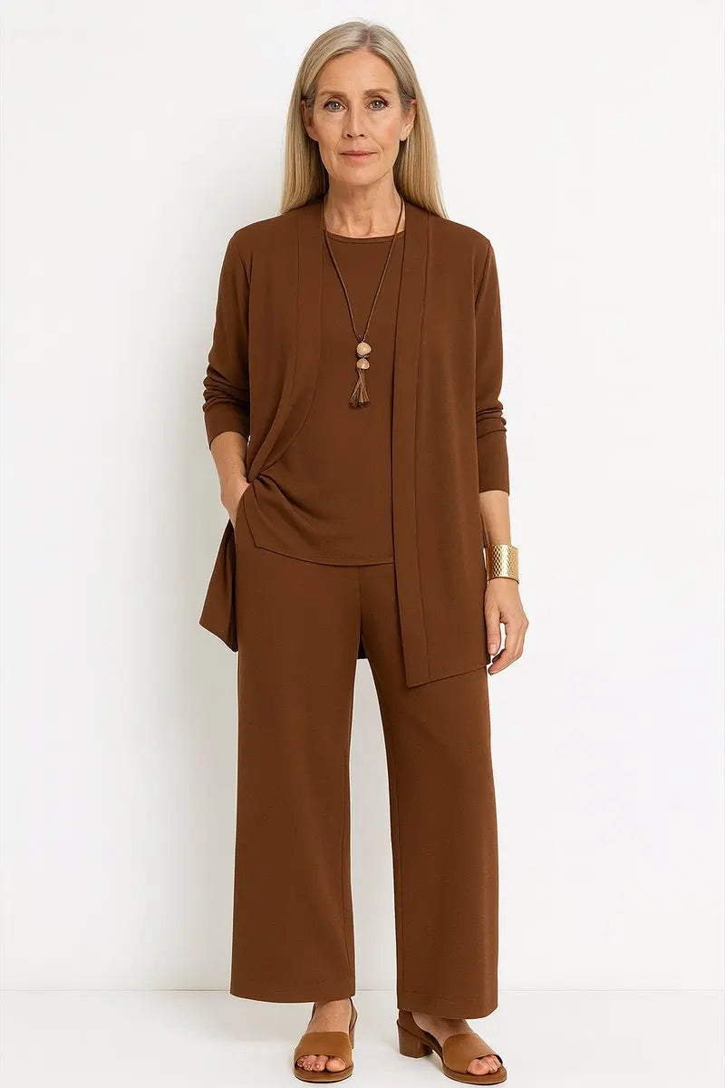 Women's Longline Open-Front Cardigan Wide-Leg Trouser 3-Piece Set