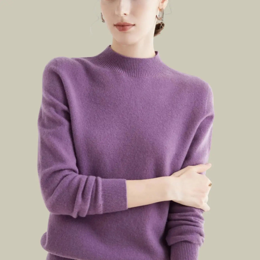 Women's Merino Wool Sweaters Mock-Neck Long-Sleeve Knit Jumper