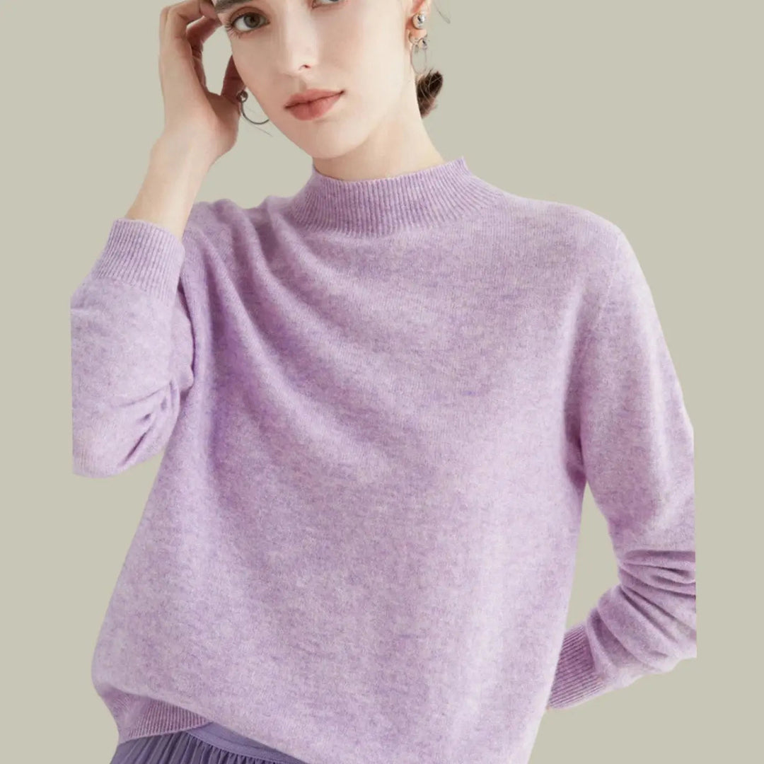 Women's Merino Wool Sweaters Mock-Neck Long-Sleeve Knit Jumper