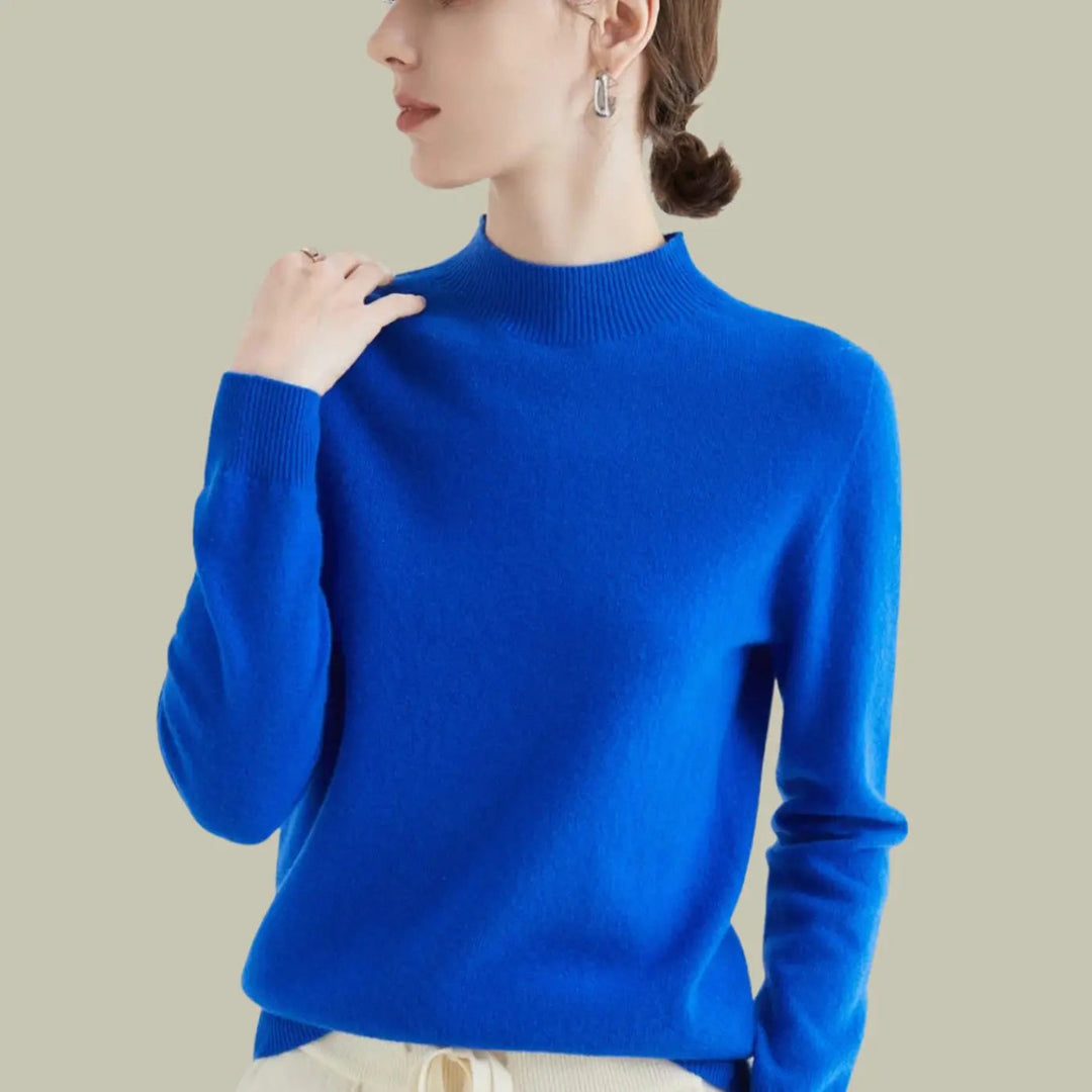Women's Merino Wool Sweaters Mock-Neck Long-Sleeve Knit Jumper